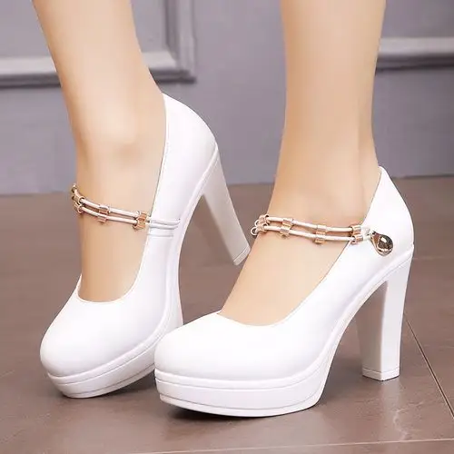 白色模特旗袍t台走秀鞋防水台超高跟单鞋粗跟真皮圆头一字扣女鞋