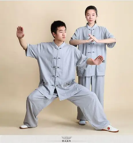 宏极夏季短袖宽松棉麻太极服 精美刺绣兜纹武术服表演演出服