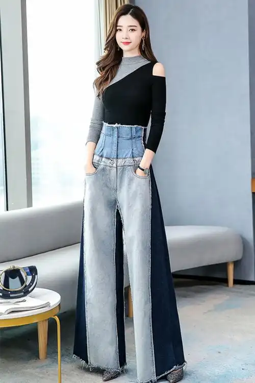 长袖露肩t恤 牛仔阔腿裤套装两件套时尚高个子女神套裤潮秋季新