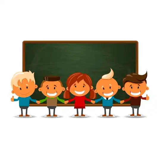 黑板前的5个学生矢量素材