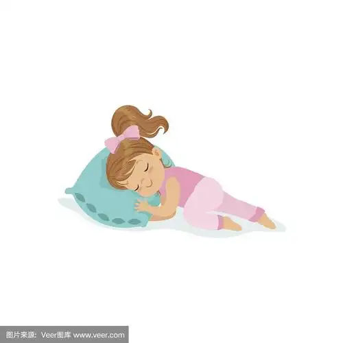 可爱的小女孩睡在她的床上卡通人物矢量插图