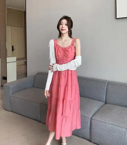 法式浪漫粉色吊带连衣裙女气质高级感气质森系大摆无袖长裙沙滩裙