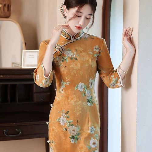 2021秋季新款旗袍改良版女长款七分袖年轻款针织绒大码旗袍裙礼服