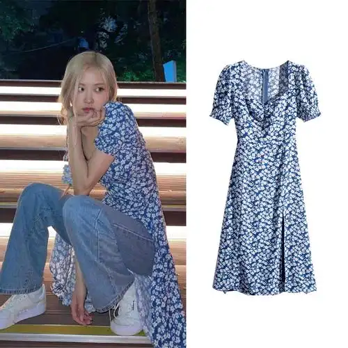 blackpink朴彩英rose同款衣服法式方领碎花连衣裙女夏装雪纺裙子