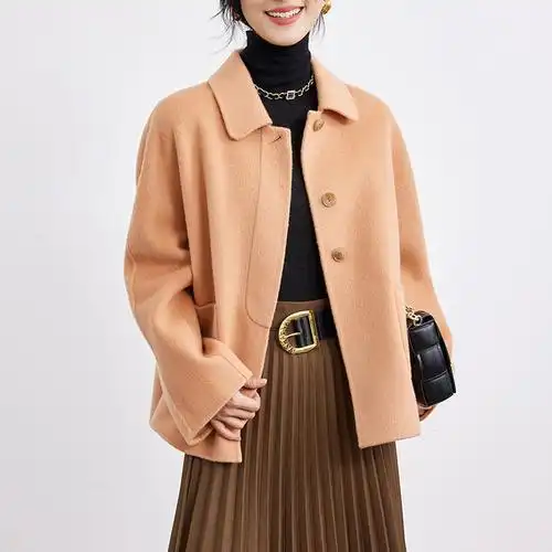 高级感15浣熊绒虾粉色大衣女2022秋冬双面呢羊毛外套小个子短款