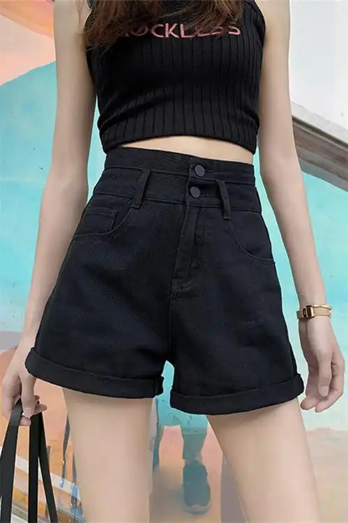 黑色超高腰牛仔短裤女2021年夏季新款宽松阔腿a字热裤ins