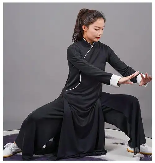 太极春秋新款中国风太极服表演服武术女下垂定制练功古风长袍 黑色 需