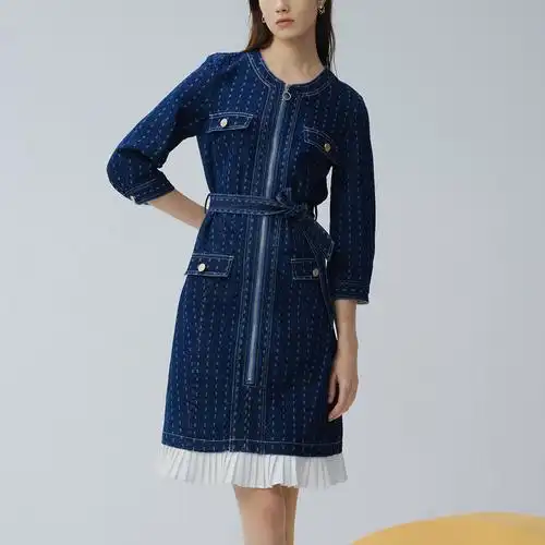 商场同款lily2021春季新款女装时髦提花牛仔拼接连衣裙