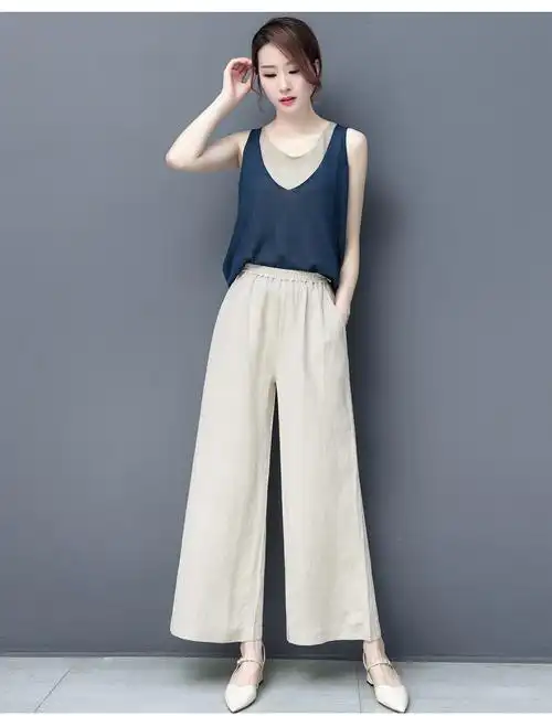 夏季宽松显瘦百搭2020新款高腰女裤直筒薄款大脚亚麻休闲裤子品牌新款