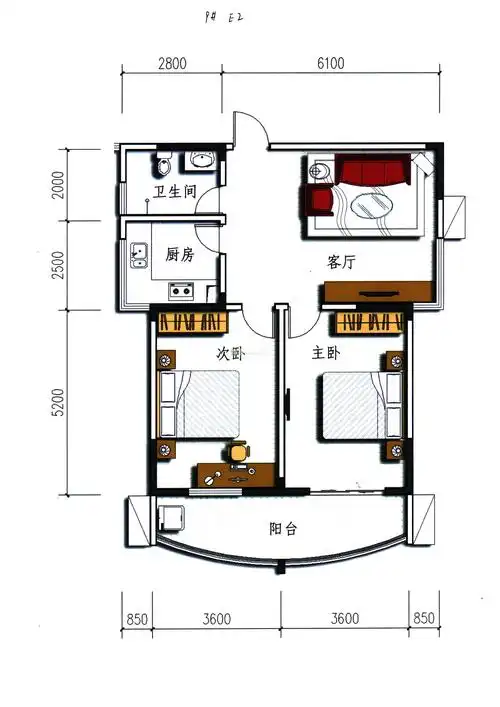现代美式两室一厅平面图