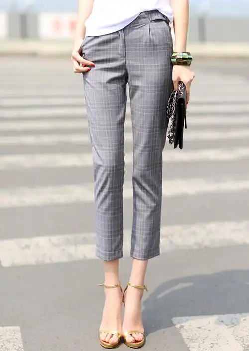 花猫春夏装英伦格子九分裤西装裤女裤子欧美小脚裤女休闲裤