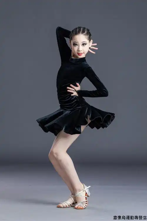 拉丁舞服装女童秋冬新款儿童服裙练功服女少儿比赛服丝绒长袖演出服前