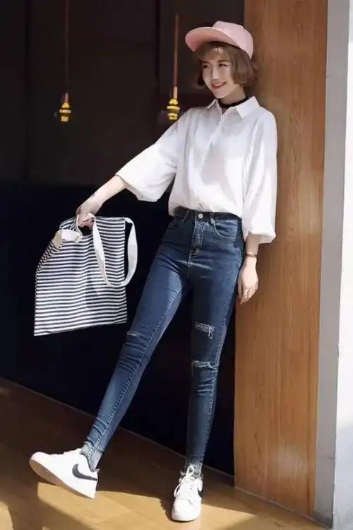 女生小脚裤搭配图片,小脚裤这么穿显高又显瘦