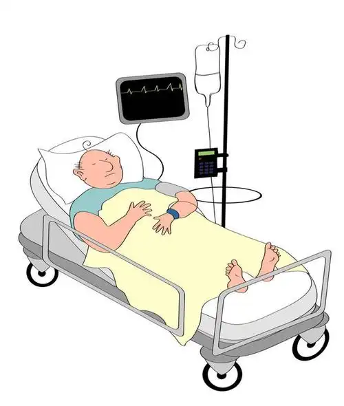 西方人,一个人,病人,医院,躺,闭眼,竖图,俯视,插画,室内,白天,数码