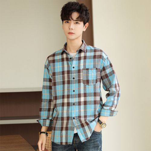 春秋季男装潮流格子衬衫翻领帅气青少年男士时尚休闲衬衫