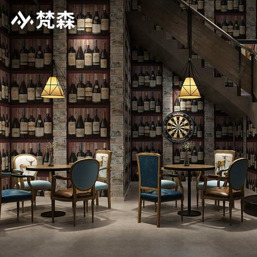 复古工业风砖纹砖块红酒瓶酒窖酒柜木纹墙纸餐厅酒吧壁纸店铺装修