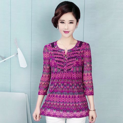 高档中老年女装台湾纱上衣中长款 阔太太妈妈装春夏七分袖t恤衬衫