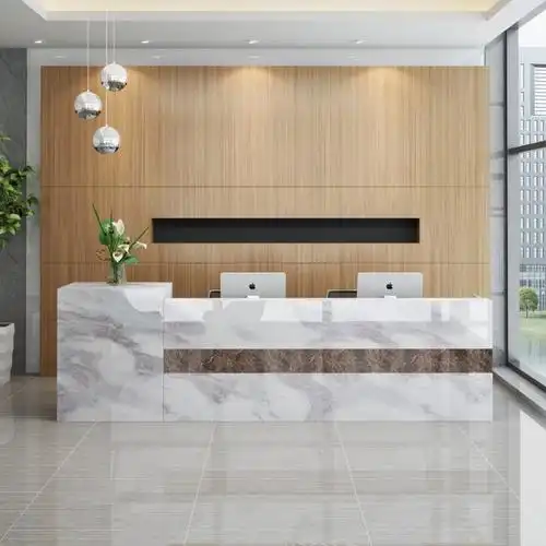 公司前台桌仿大理石烤漆迎宾接待台吧台简约现代收银台转角咨询台亮光