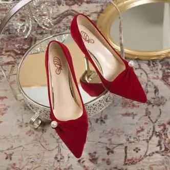 婚鞋女新娘鞋夏2023年新款细跟不累脚秀禾婚纱两穿红色高跟鞋酒红色6