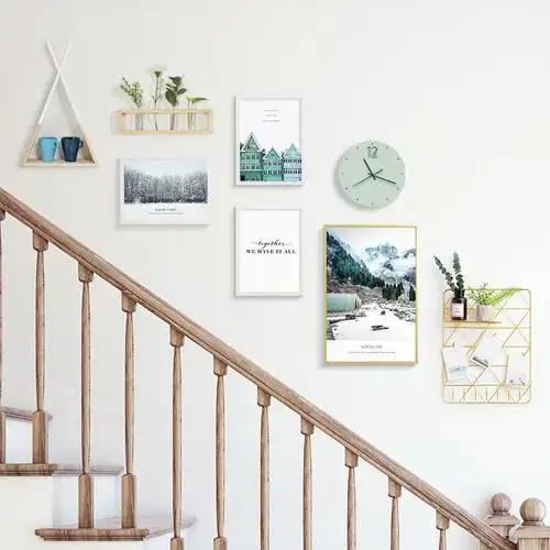 起贝 楼梯墙创意挂画北欧小清新组合壁画过道走廊带钟风景装饰画