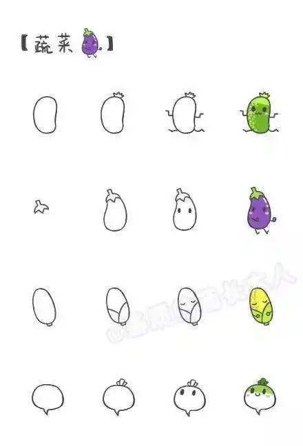 100种呆萌小蔬菜小动物简笔画手账素材想怎么画就怎么画