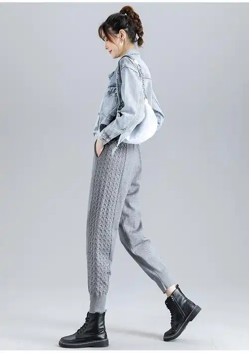 休闲裤女针织裤子萝卜裤春秋宽松束脚哈伦裤垂感休闲运动裤毛线裤外穿