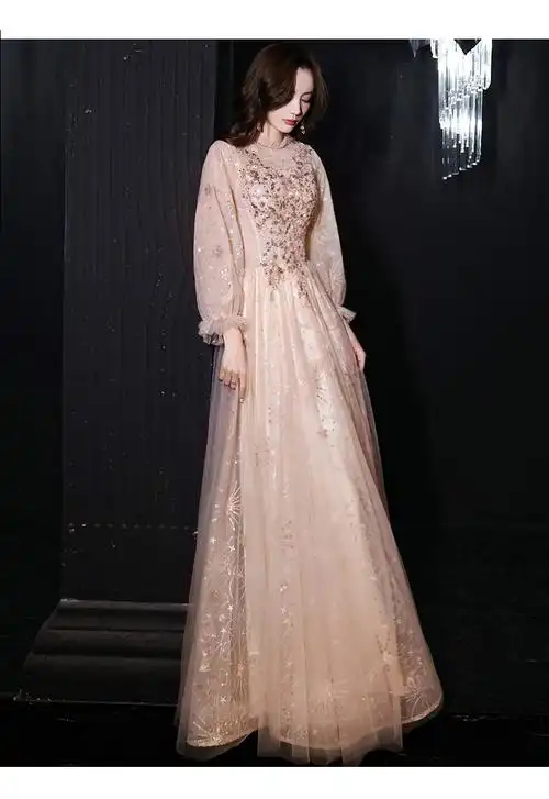 新款时尚女装香槟色晚礼服女2021宴会气质主持人高端生日伴娘服公主裙