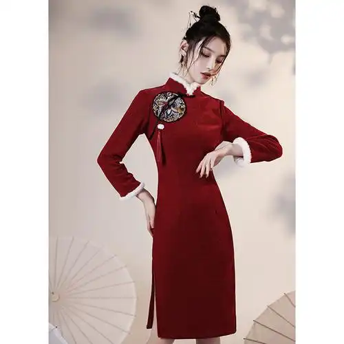 红色新年旗袍唐装拜年服女大人过年冬款加厚旗袍