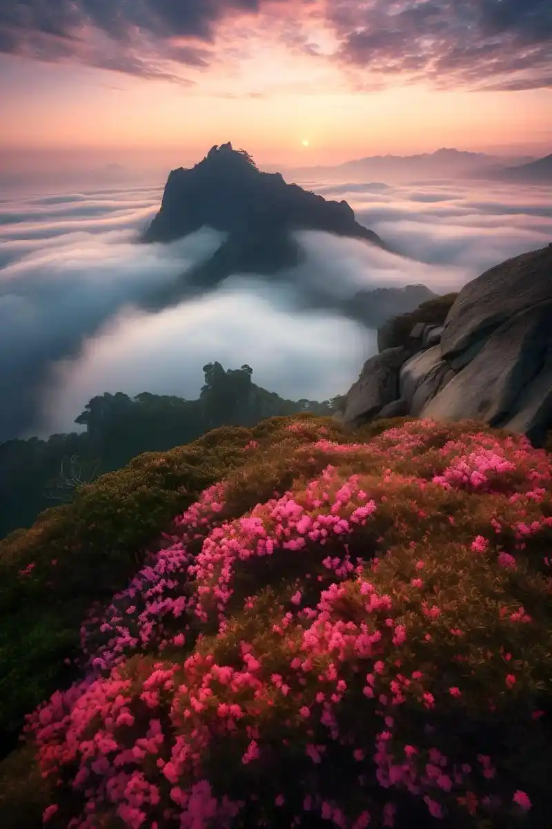 飘渺的云雾环绕山腰,如诗如画般美丽,让人留恋忘返.(ai制作 - 抖音