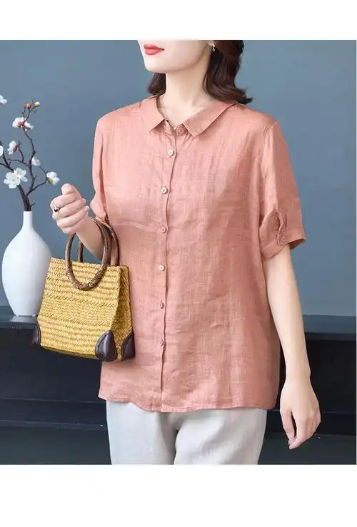 中年妇女棉麻衬衫短袖亚麻料半袖衬衣女气质妈妈显瘦上衣夏季薄款麻料