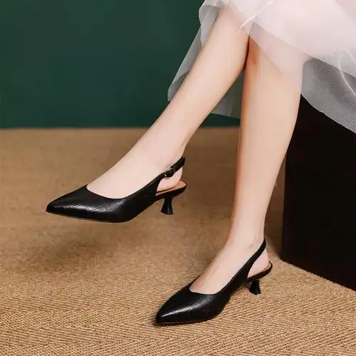 羊皮春夏新款成熟气质高跟鞋女细跟尖头凉鞋包头后绊带纯色