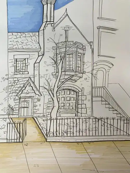 黑白线稿建筑小楼