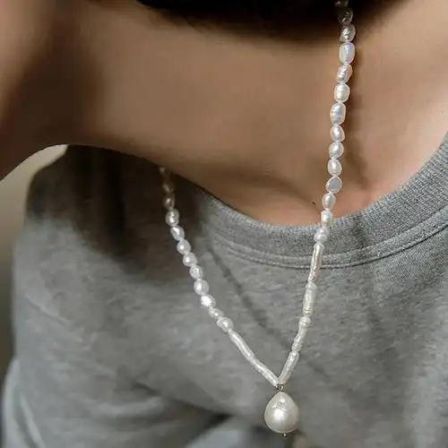 欧美风天然淡水珍珠项链 法式复古异形巴洛克珍珠吊坠轻奢锁骨链