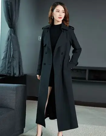 时尚风衣女长款修身显瘦2019新款春秋过膝大衣休闲气质外套 黑色 s