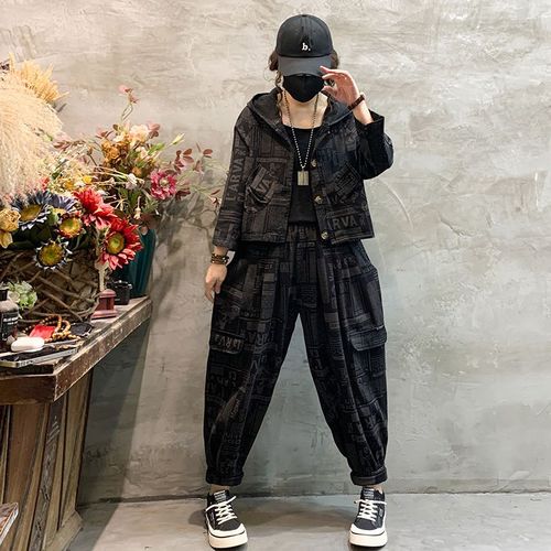 【加绒加厚】冬季复古牛仔印花女套装连帽长袖上衣灯笼裤长裤套装