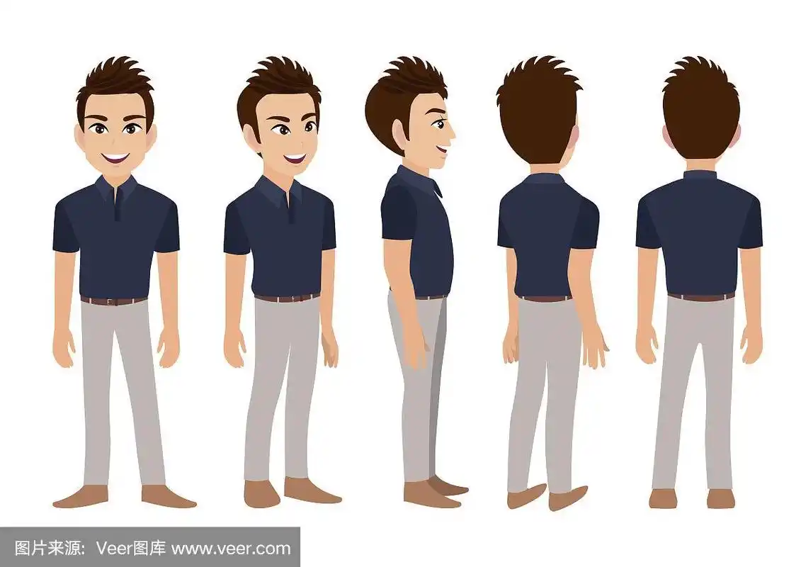 卡通人物与商人.正面,侧面,背面,3-4视图动画角色.平面向量插图.