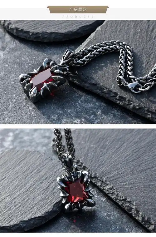 6765年货节个性龙爪红宝石吊坠项链男士文艺复古嘻哈潮人脖子饰品