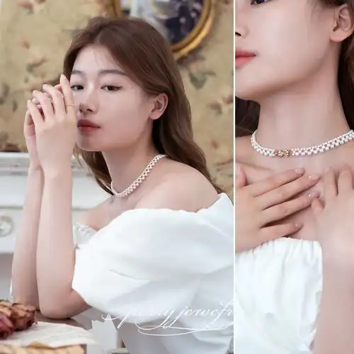 项链珮瑞珠宝气质蕾丝热巴款极光淡水珍珠choker颈饰