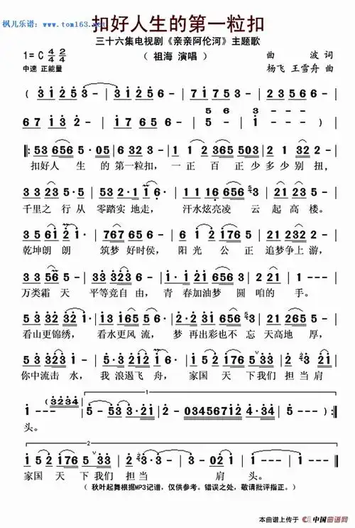 扣好人生的第一粒扣(电视剧《亲亲阿伦河》主题歌)简谱 歌谱—祖海