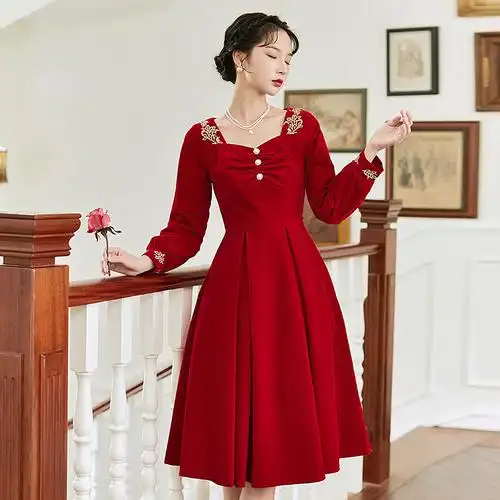 敬酒服新娘春秋新款红色平时可穿宴订婚长袖结婚小晚礼服裙女