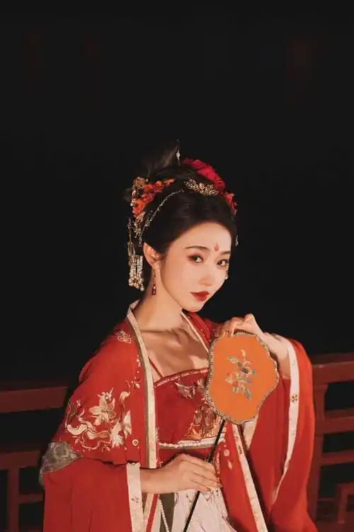 宣璐红色汉服仙气飘飘优雅写真_一身_红衣_折扇