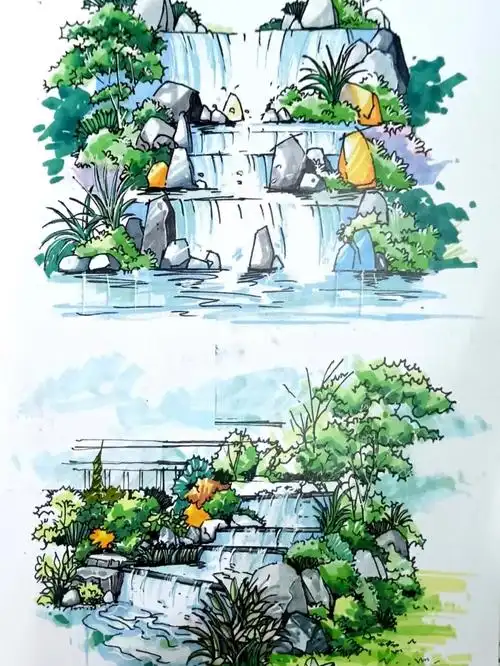风景景观马克笔小品效果图临摹