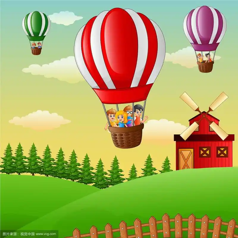 快乐的卡通小朋友在热气球里飞翔