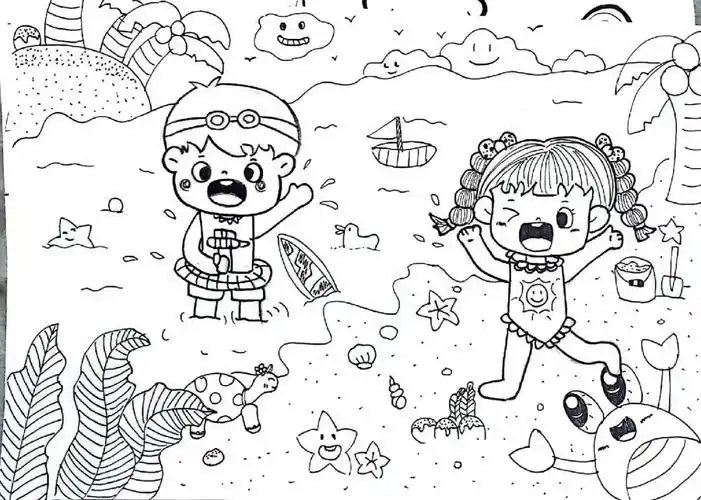 在海边沙滩度假游泳幼儿主题画