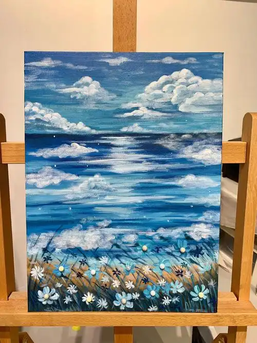 丙烯装饰画蓝色的大海治愈系附过程图