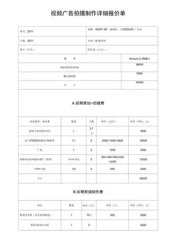 拍摄制作详细报价单