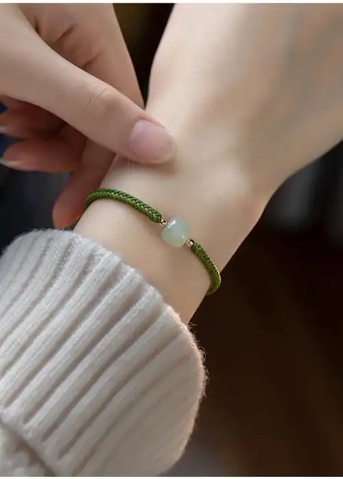 小米星手编绳和田玉福牌单珠平安扣手串可调节轻奢好运闺蜜手链手编绳