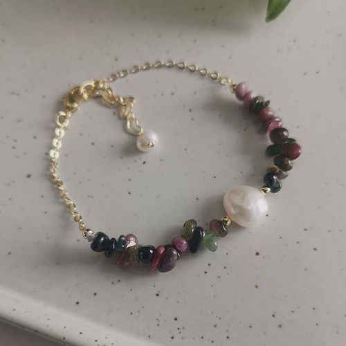 原创手工14k包金绕线巴洛克天然淡水珍珠碧玺水晶手链女