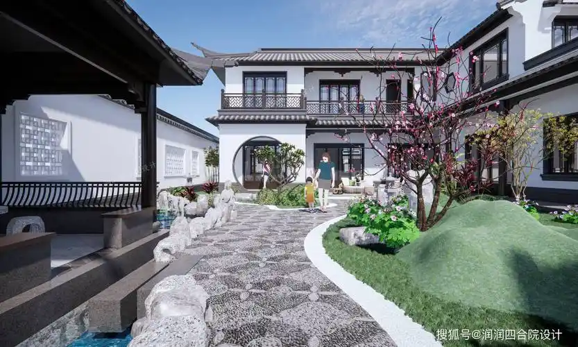 150平户型江南园林风格两层中式合院别墅小房子大院子润润四合院设计