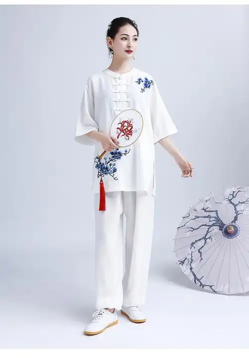 太极服夏季七分袖太极服女棉麻亚麻中袖短袖七分袖透气太极拳服练功服